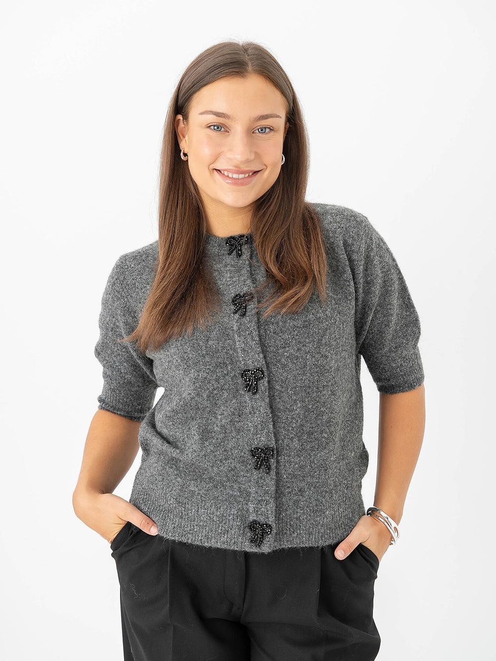 b.young Byomea Deco Gray Embellished Cardigan XS NWT